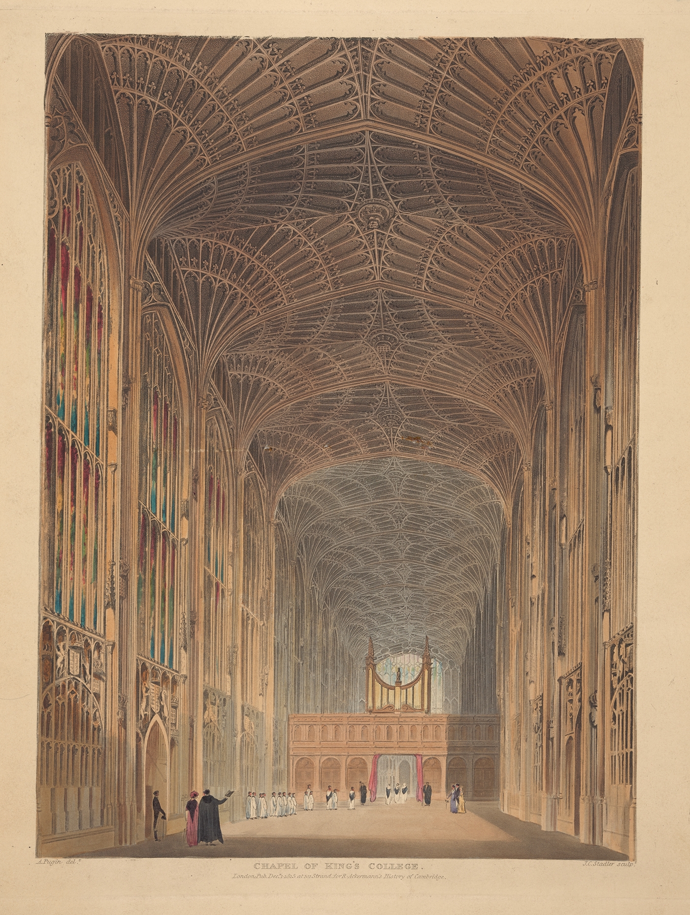 Interior of Chapel of King’s College by Joseph Constantine Stadler, featuring stained glass and arches.