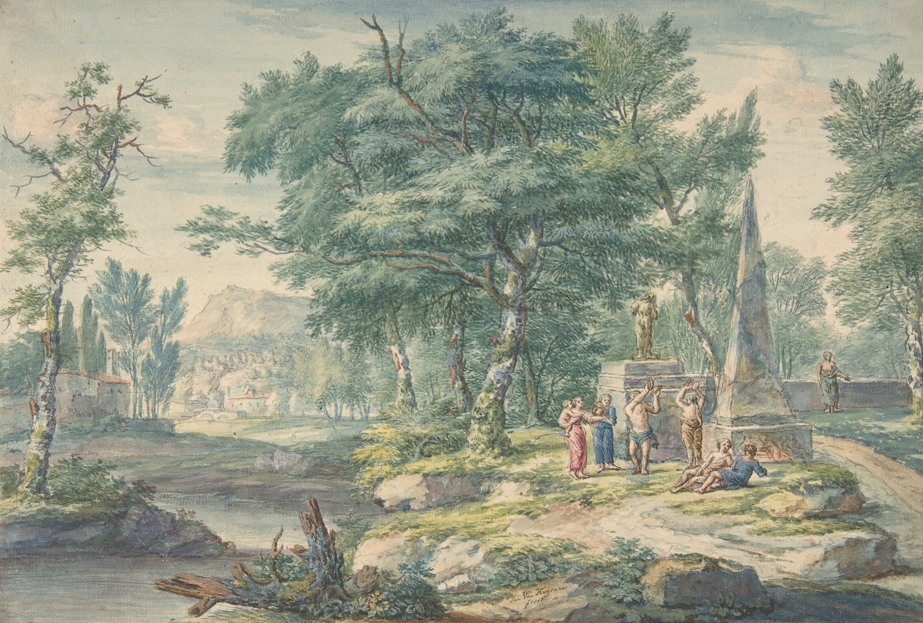 Arcadian Landscape with Figures Making Music, by Jan van Huysum, public domain