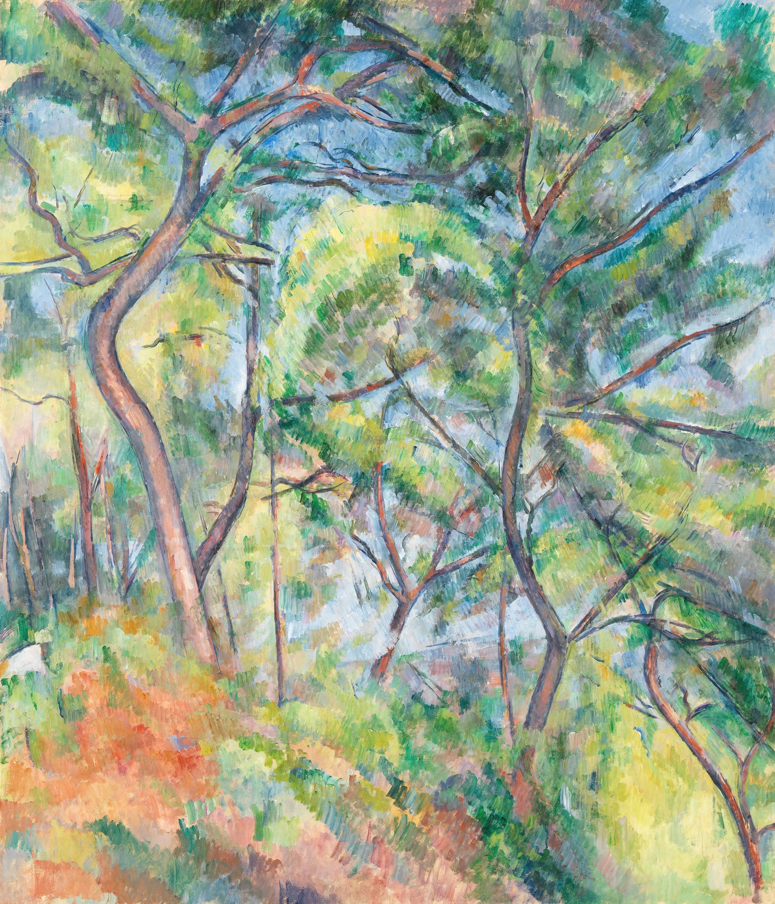 Sous-Bois by Paul Cezanne, oil painting depicting a tranquil forest with dappled light.
