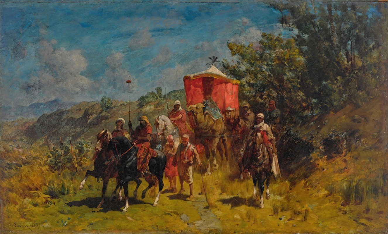 A depiction of an Arab caravan in a desert landscape by Alberto Pasini.