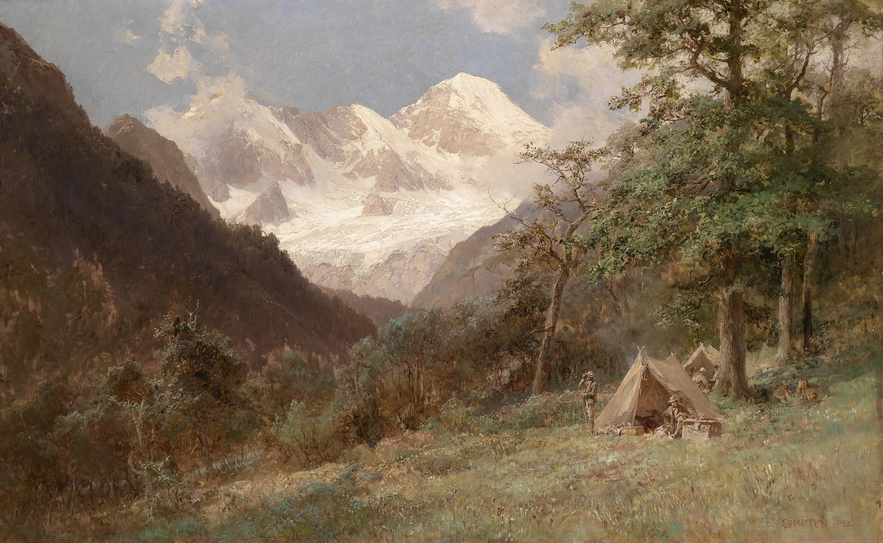 Landschaft im Kaukasus, oil on canvas by Edward Theodore Compton depicting mountains and a valley.
