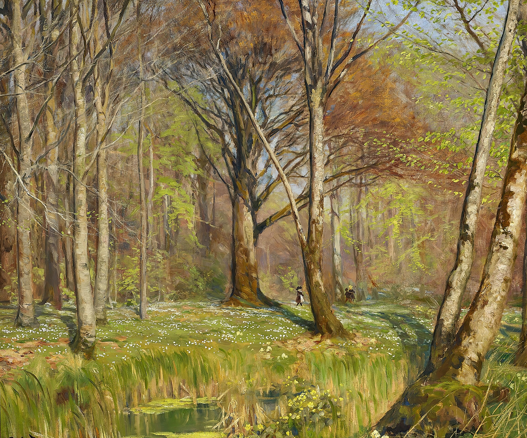 Oil painting by Hans Andersen Brendekilde depicting anemones and greenery in a forest.