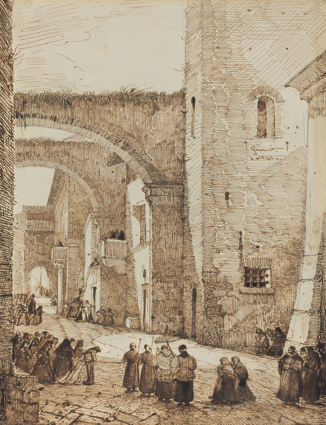 Religious scene of a priest in a medieval street, oil painting by François-Marius Granet