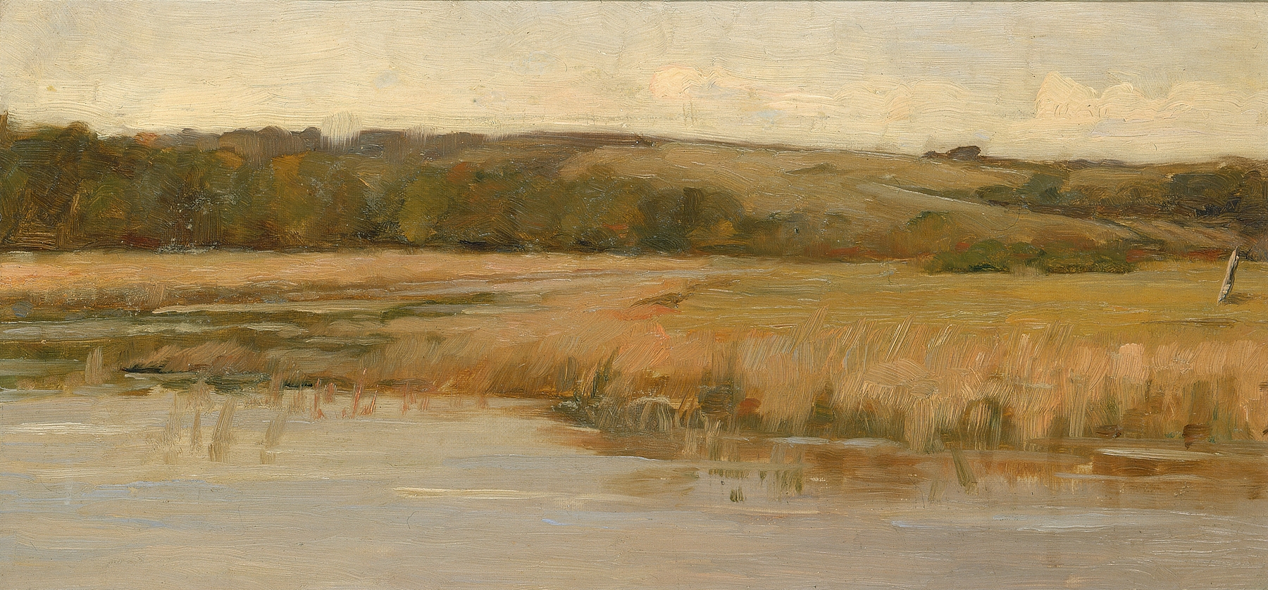 Hill and Marshland by Max Weyl, oil on canvas depicting rolling hills and marshland at sunset.