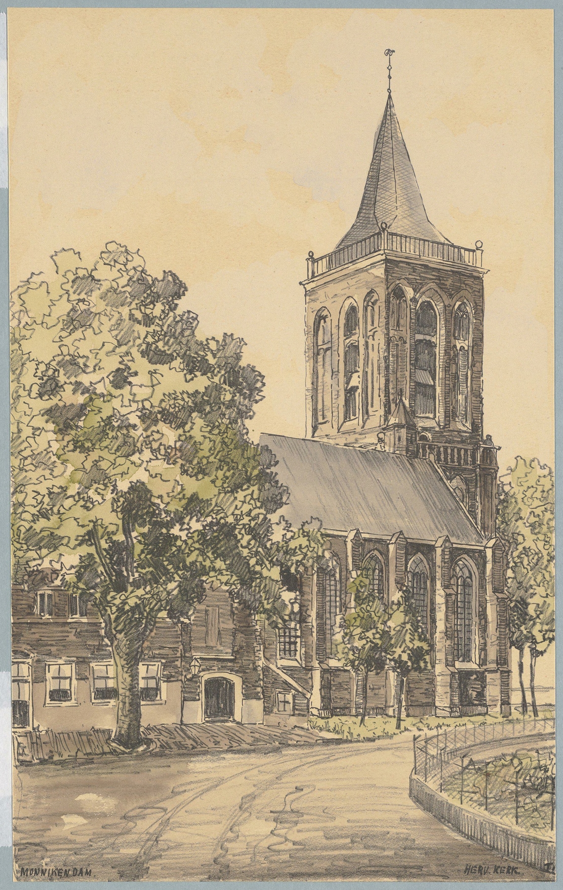 Landscape oil painting by Bob Brobbel depicting a church against a cloudy sky.
