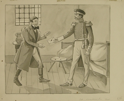Interior scene in realism style by John Nehrman, depicting two people in a cell with a jug and a table.