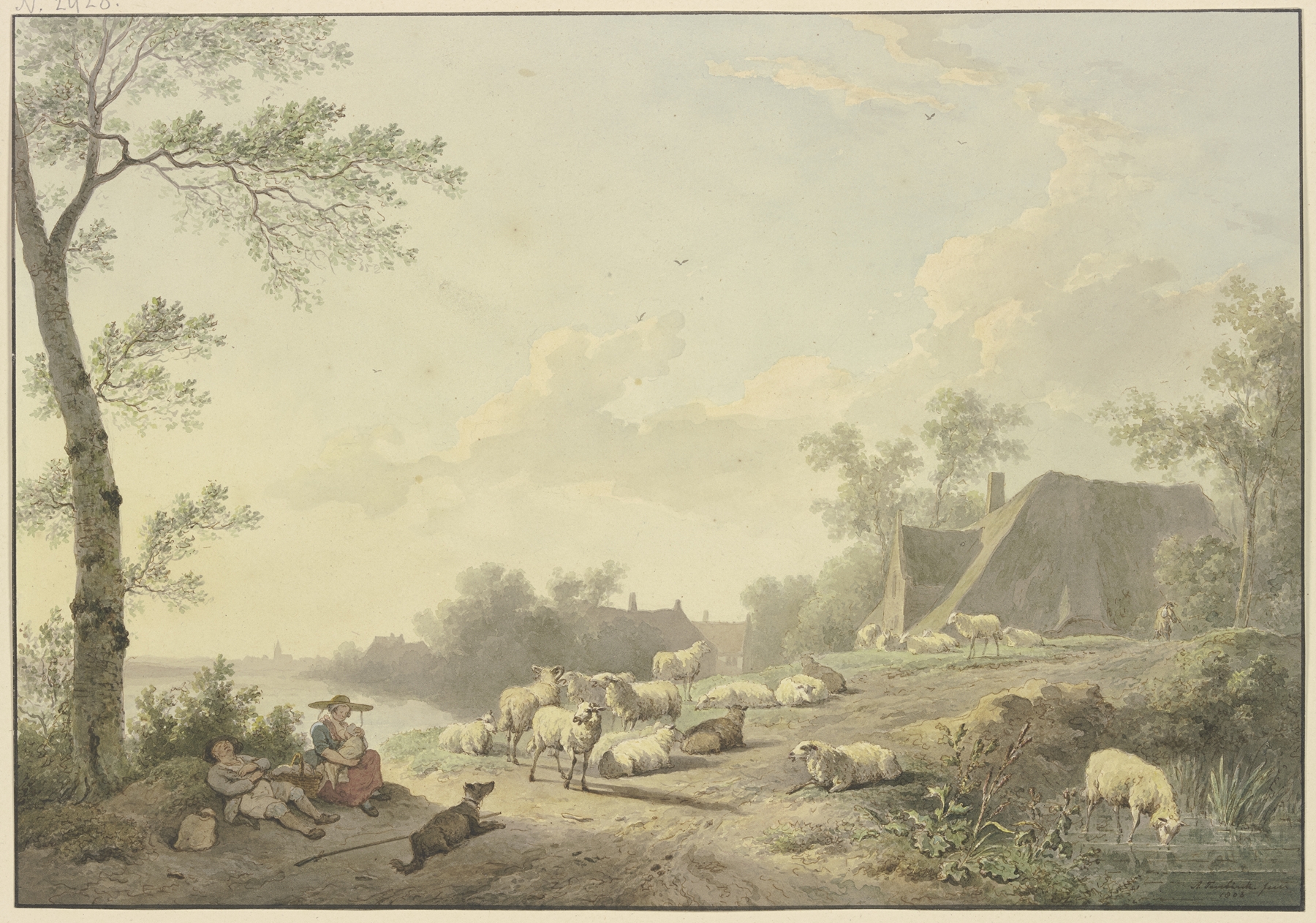 Pastoral scene with sheep on a path, oil painting by Abraham Teerlink