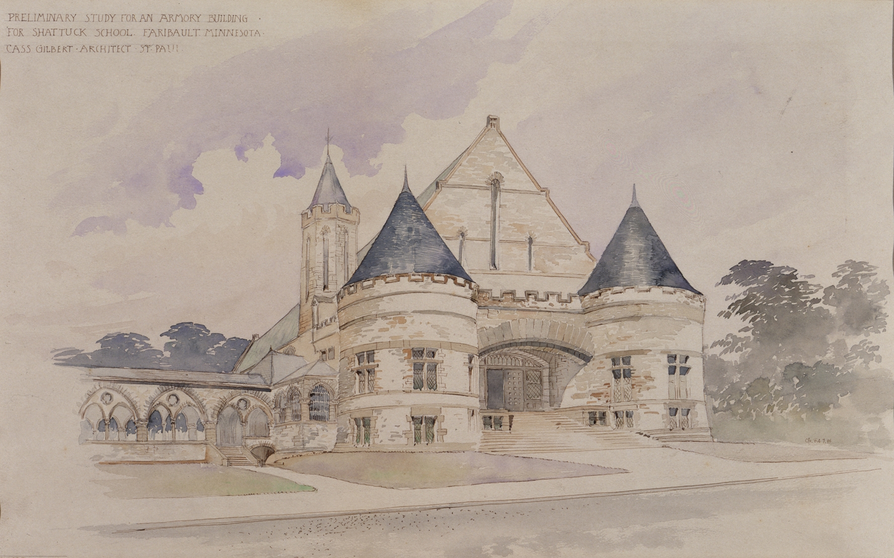 Preliminary study for an Armory Building for Shattuck School, Faribault, Minnesota, by Cass Gilbert, public domain
