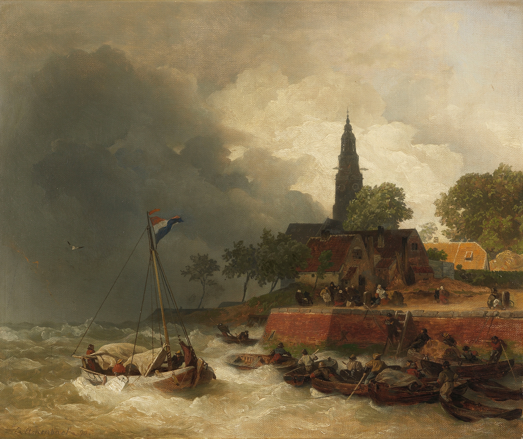 Holländischer Hafen bei Sturm, by Andreas Achenbach, public domain