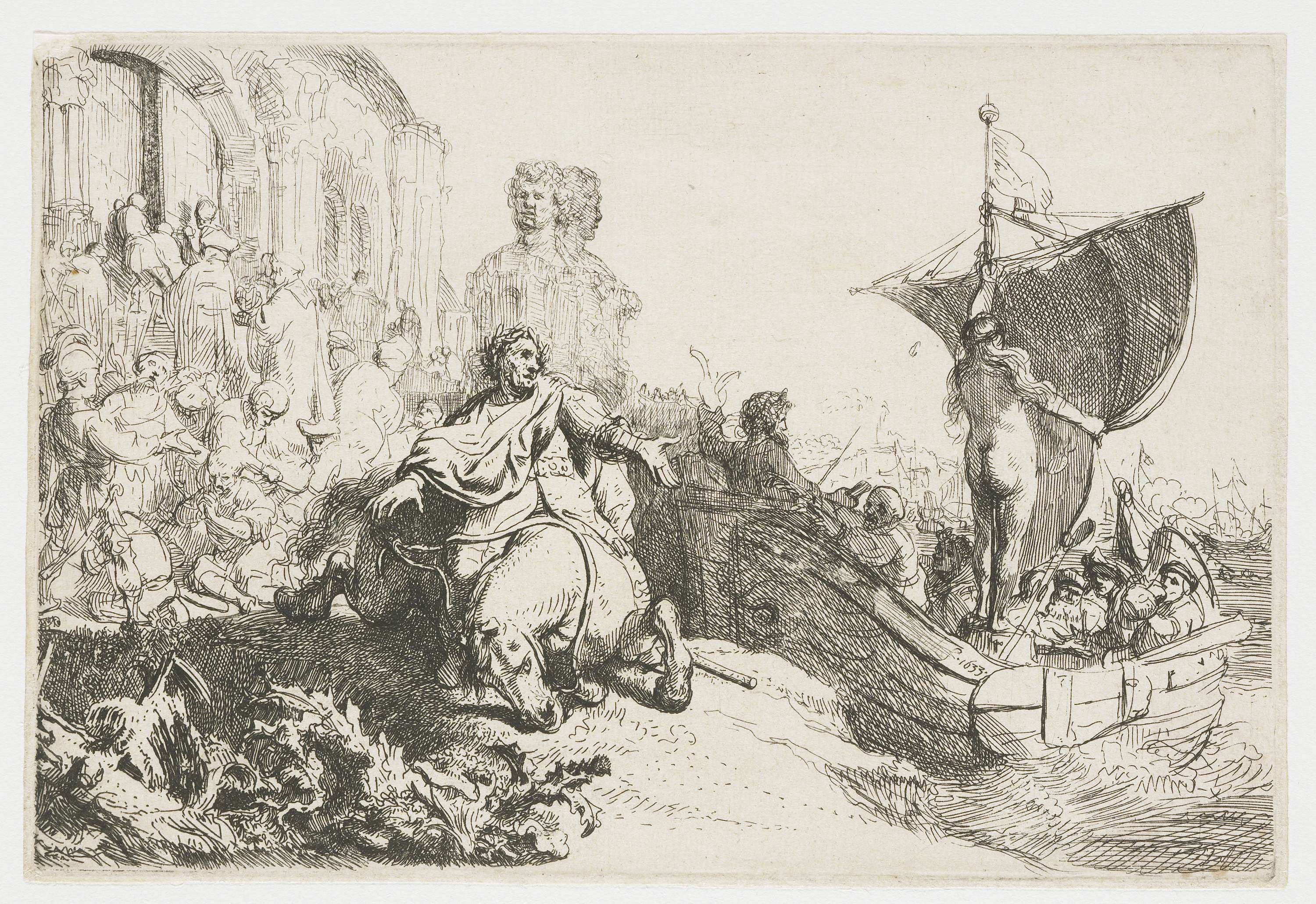 Marine etching by Rembrandt van Rijn depicting a grand ship with billowing sails