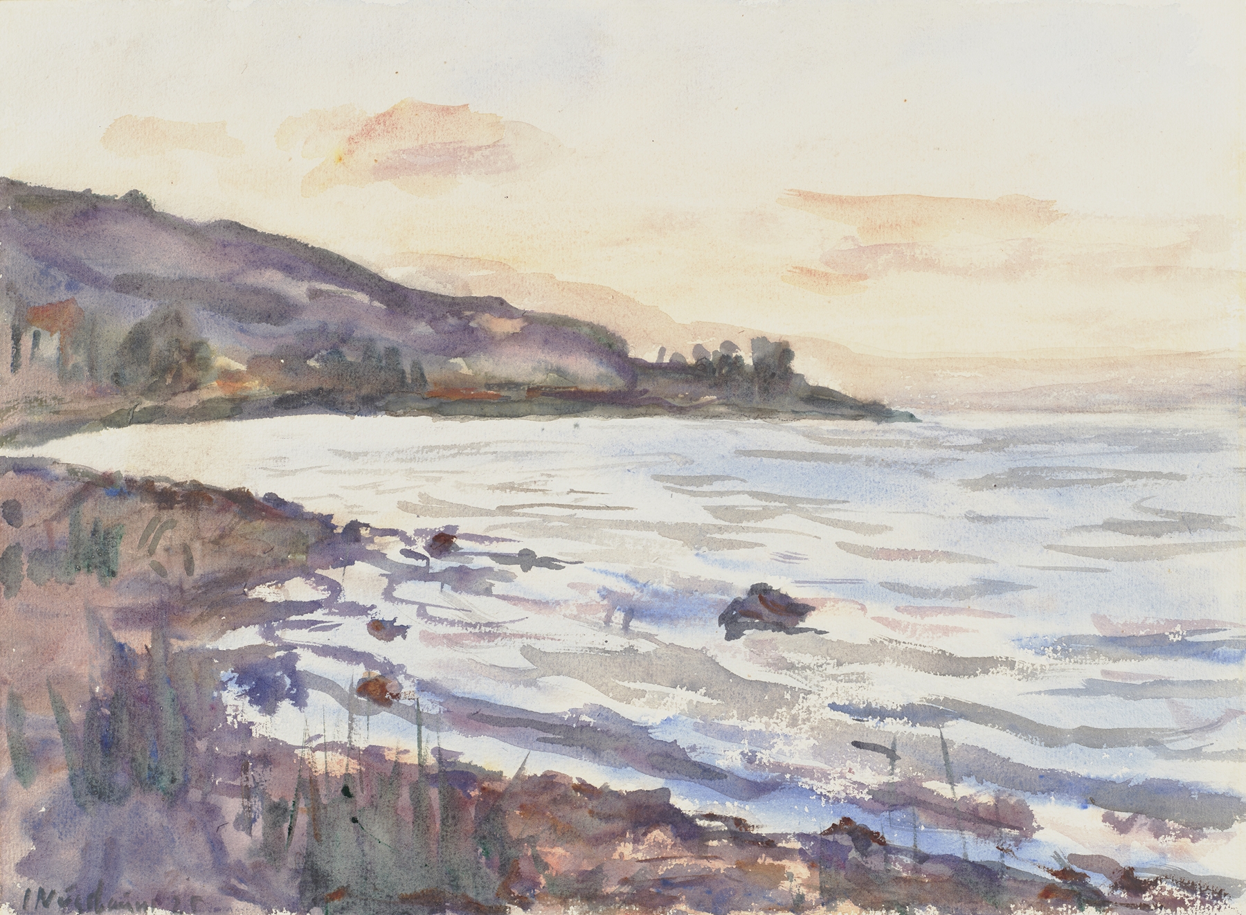 Evening at Lake Kinereth by Jakob Nussbaum, oil painting depicting a serene twilight landscape.