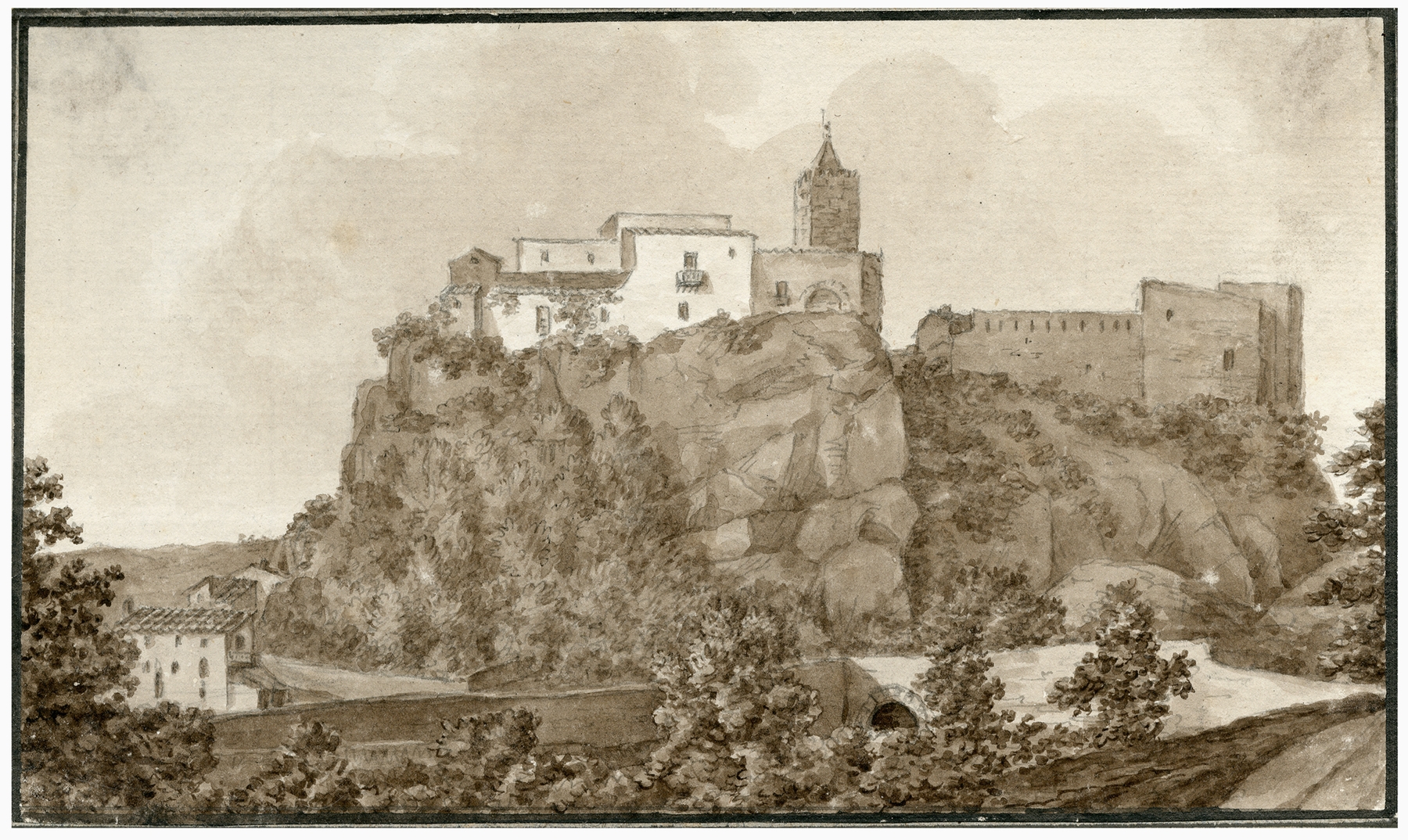 Landscape oil painting by Otto Howen depicting a castle with light and shadow.