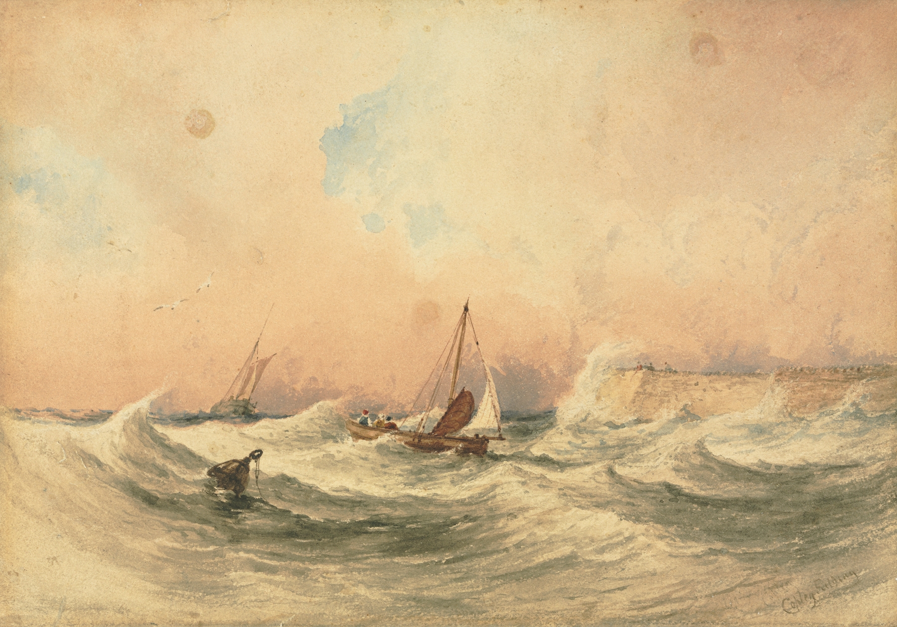 Marine by Copley Fielding, depicting a rocky shoreline and ocean waves, oil painting