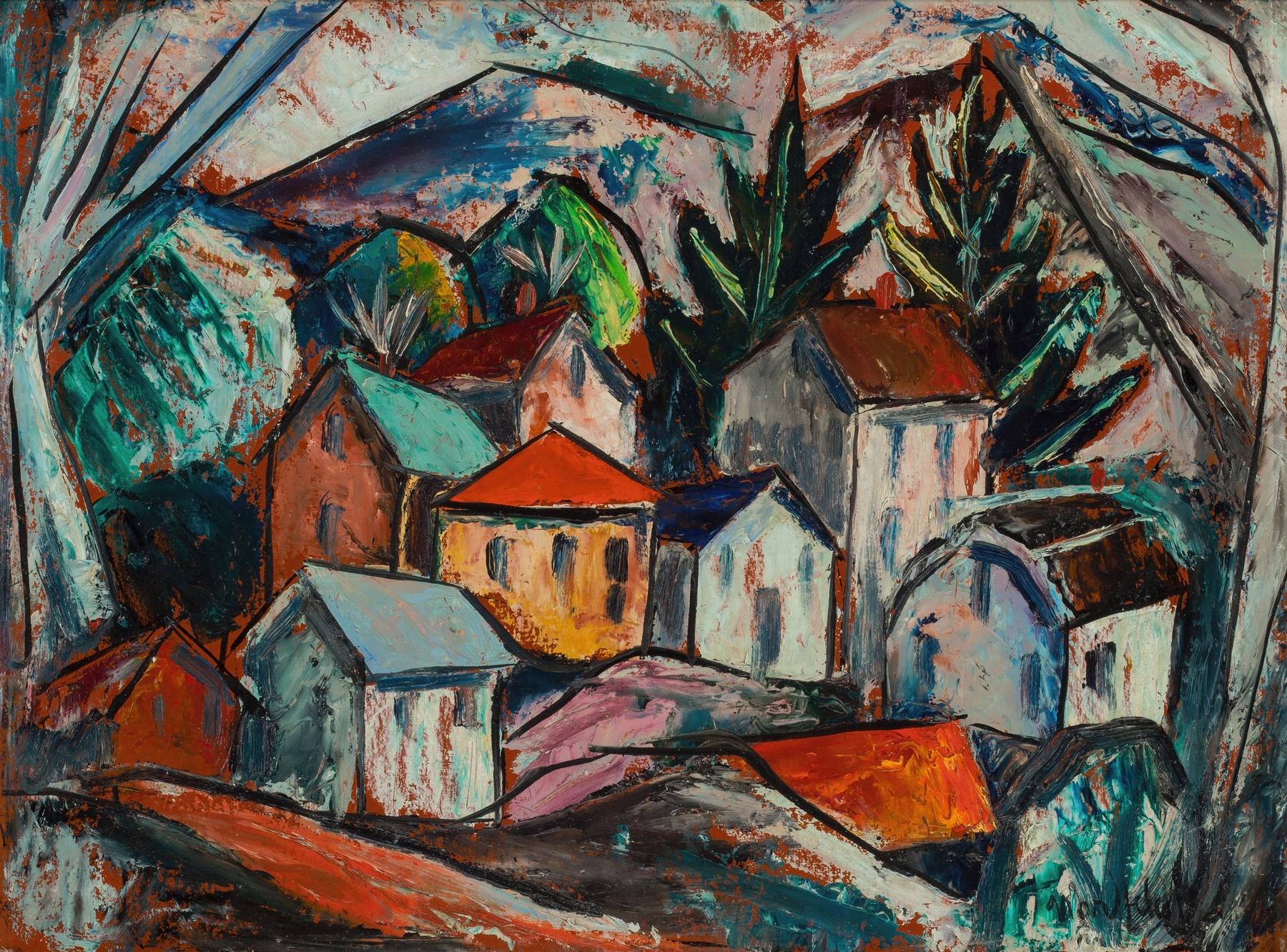 A Hillside Village by Bror Julius Olsson Nordfeldt, oil on canvas depicting a village on hills.