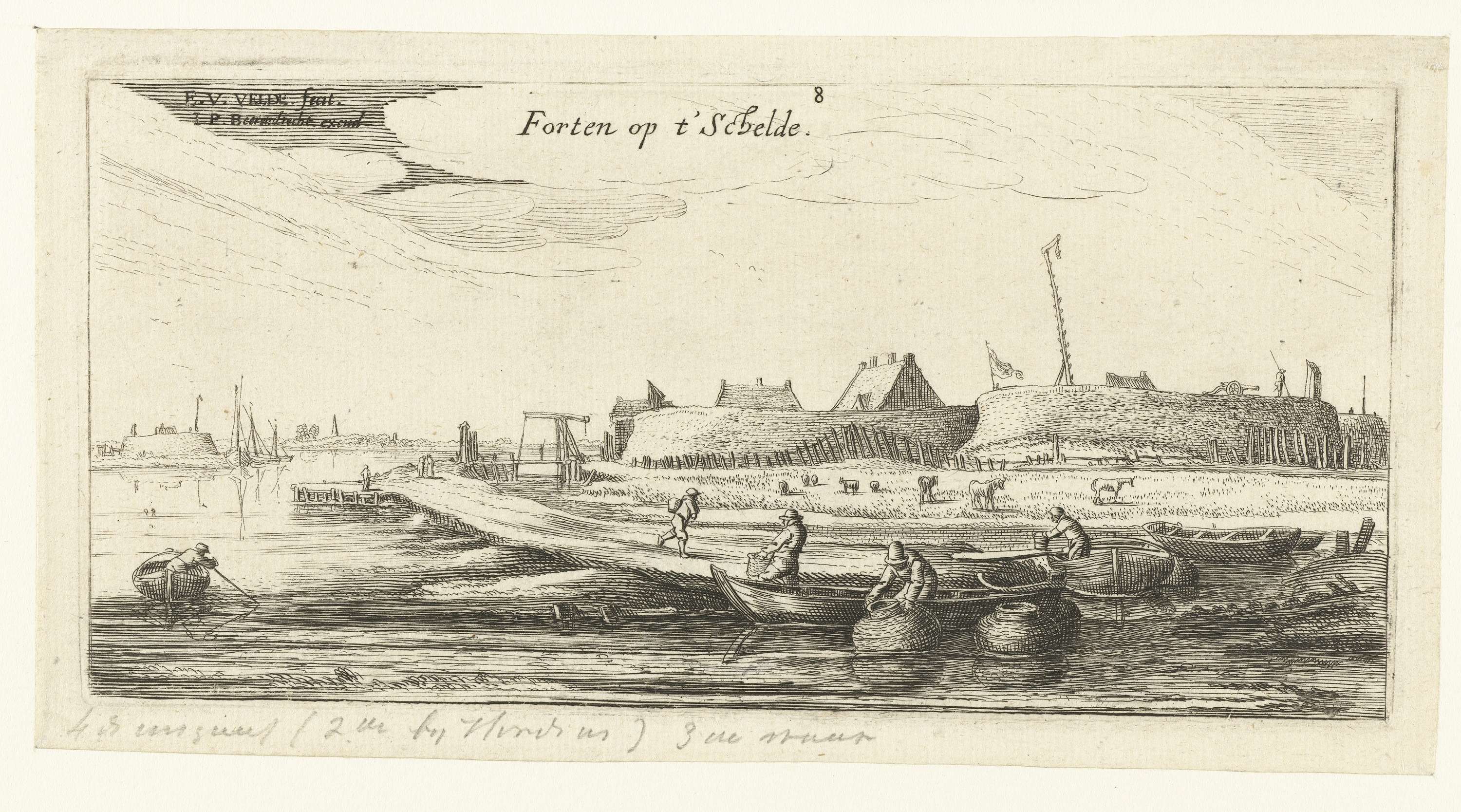Roeiboten met vissers voor een fort aan de Schelde, etching by Unknown Artist