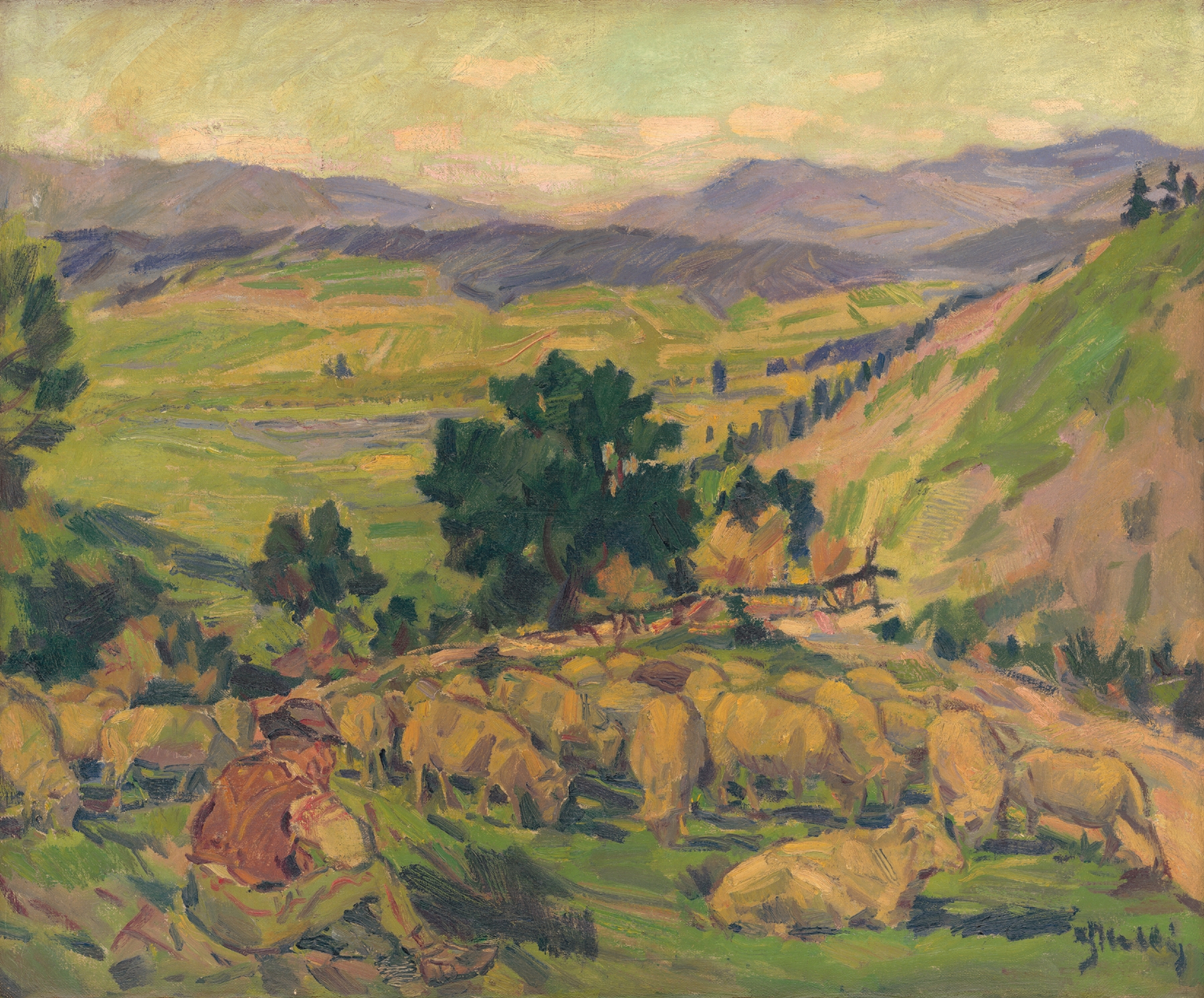 Landscape with sheep grazing on grass, oil painting by Gustáv Mallý