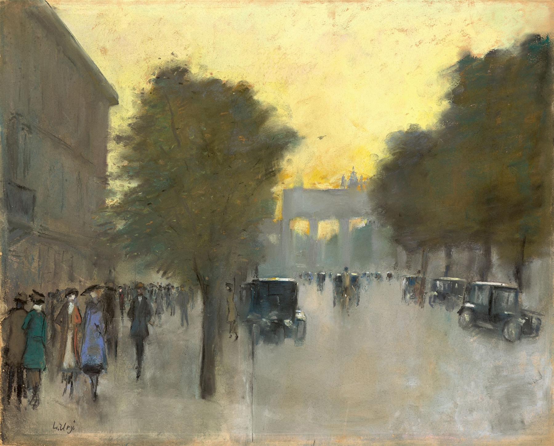 Unter den Linden mit Blick auf das Brandenburger Tor, by Lesser Ury, public domain