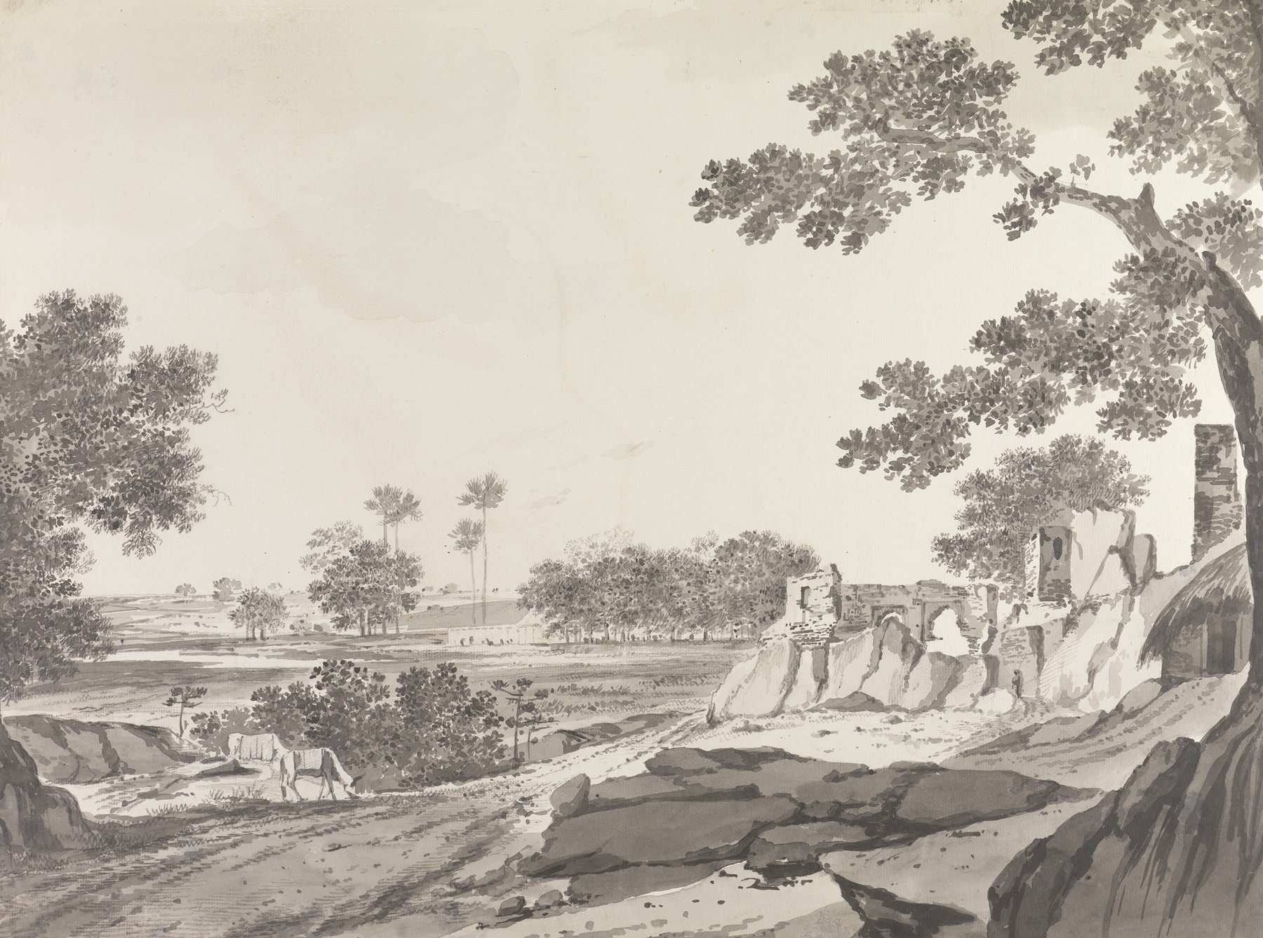 Ink on paper drawing by William Hodges featuring a figure in a lush landscape.