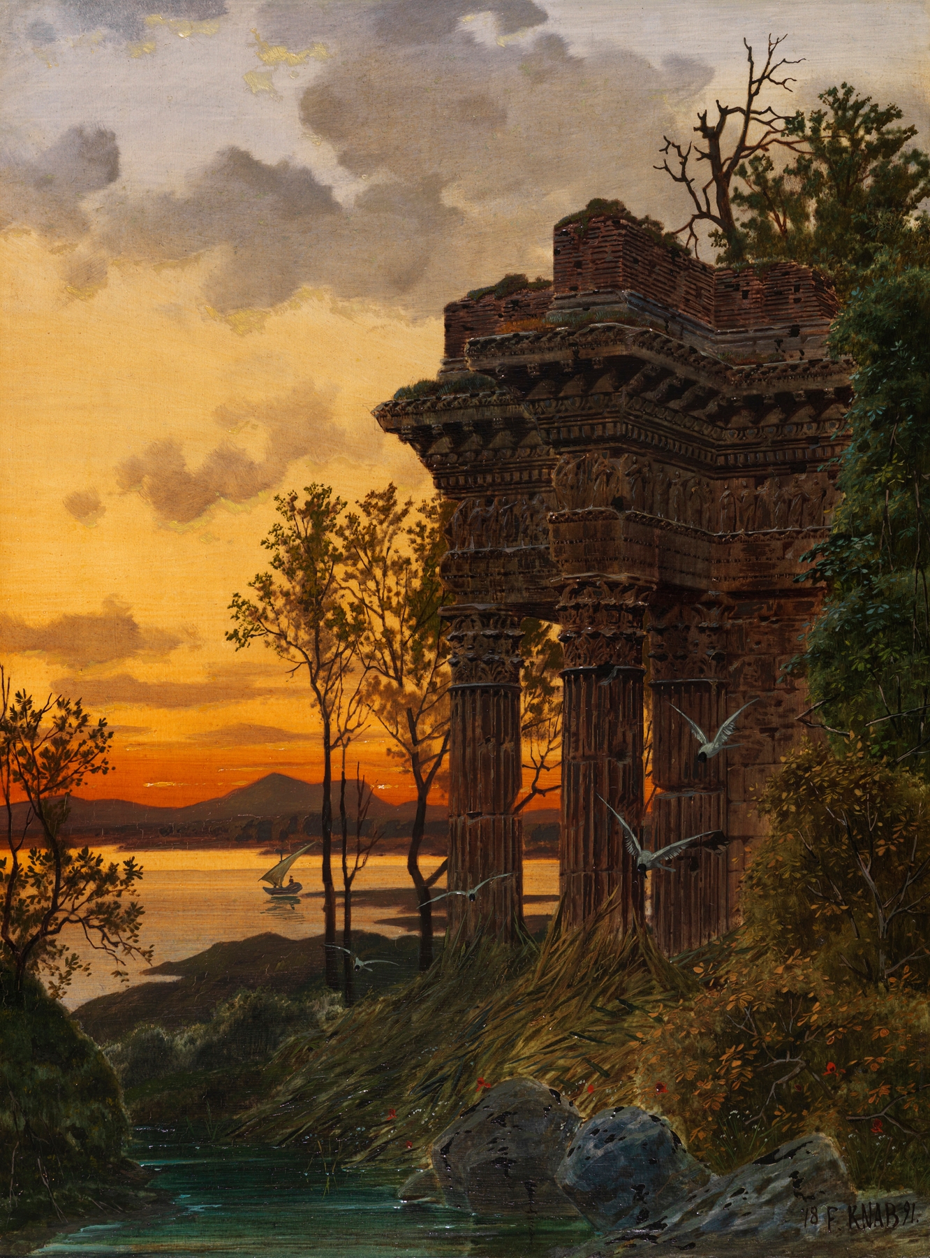 Abendliche Ruinenlandschaft by Ferdinand Knab, oil on canvas depicting ruins with golden light