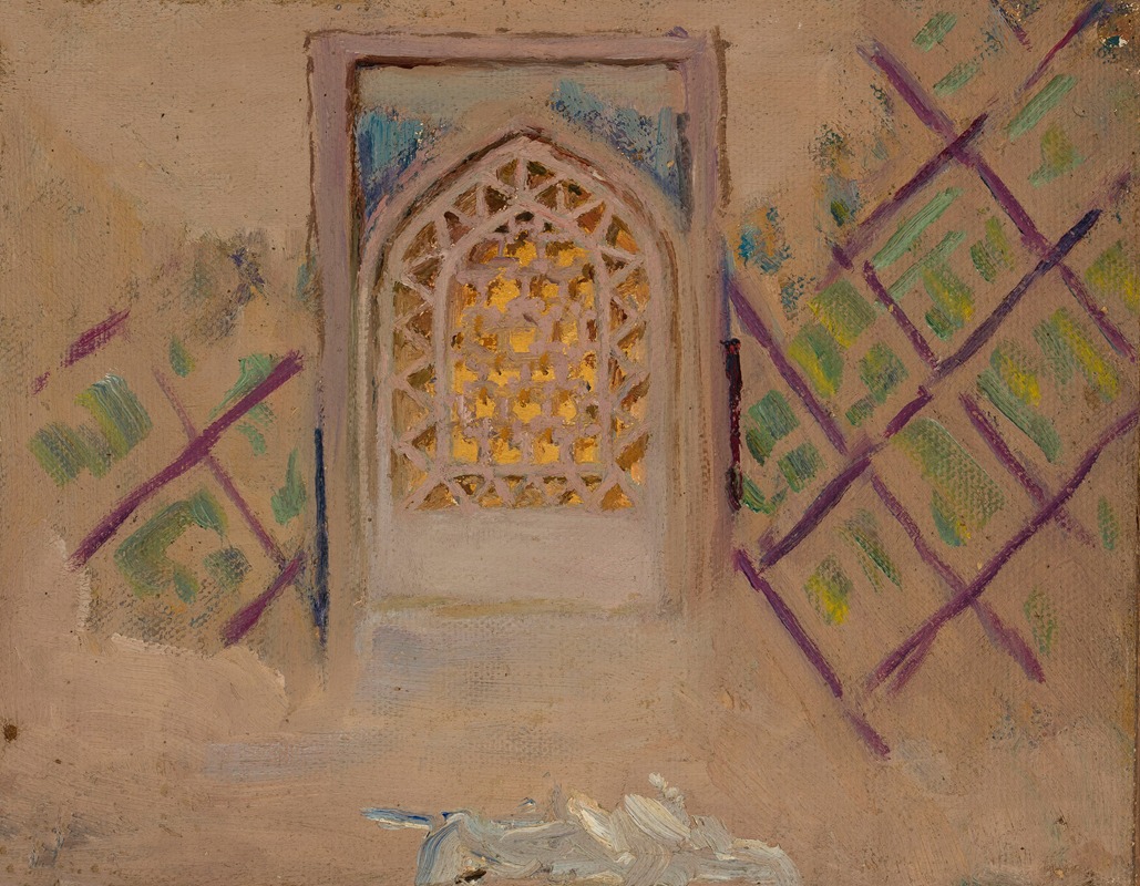A glimpse into the intricate architecture of Samarkand through a window.
