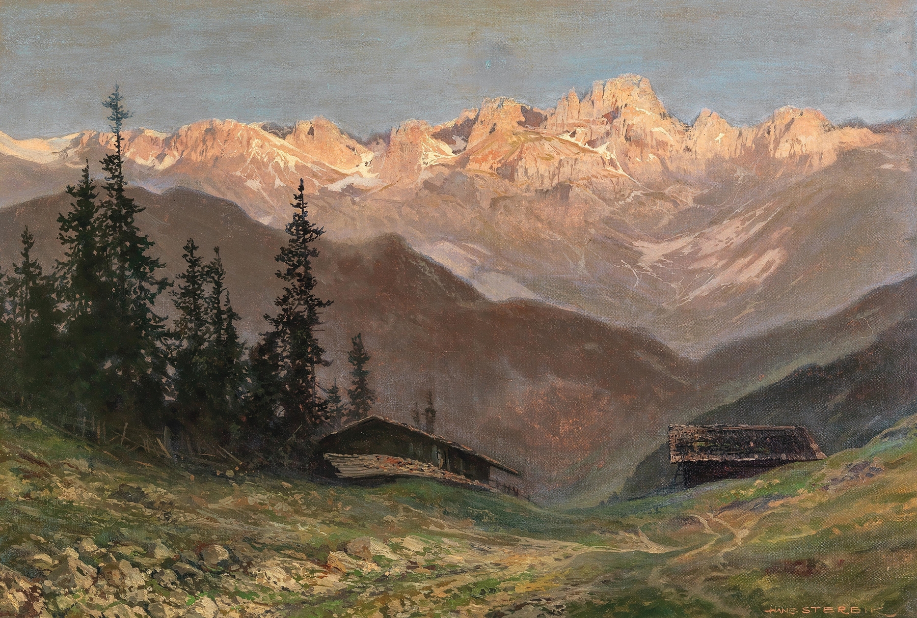 Romanticism landscape by Toni Haller, depicting twilight over mountains.