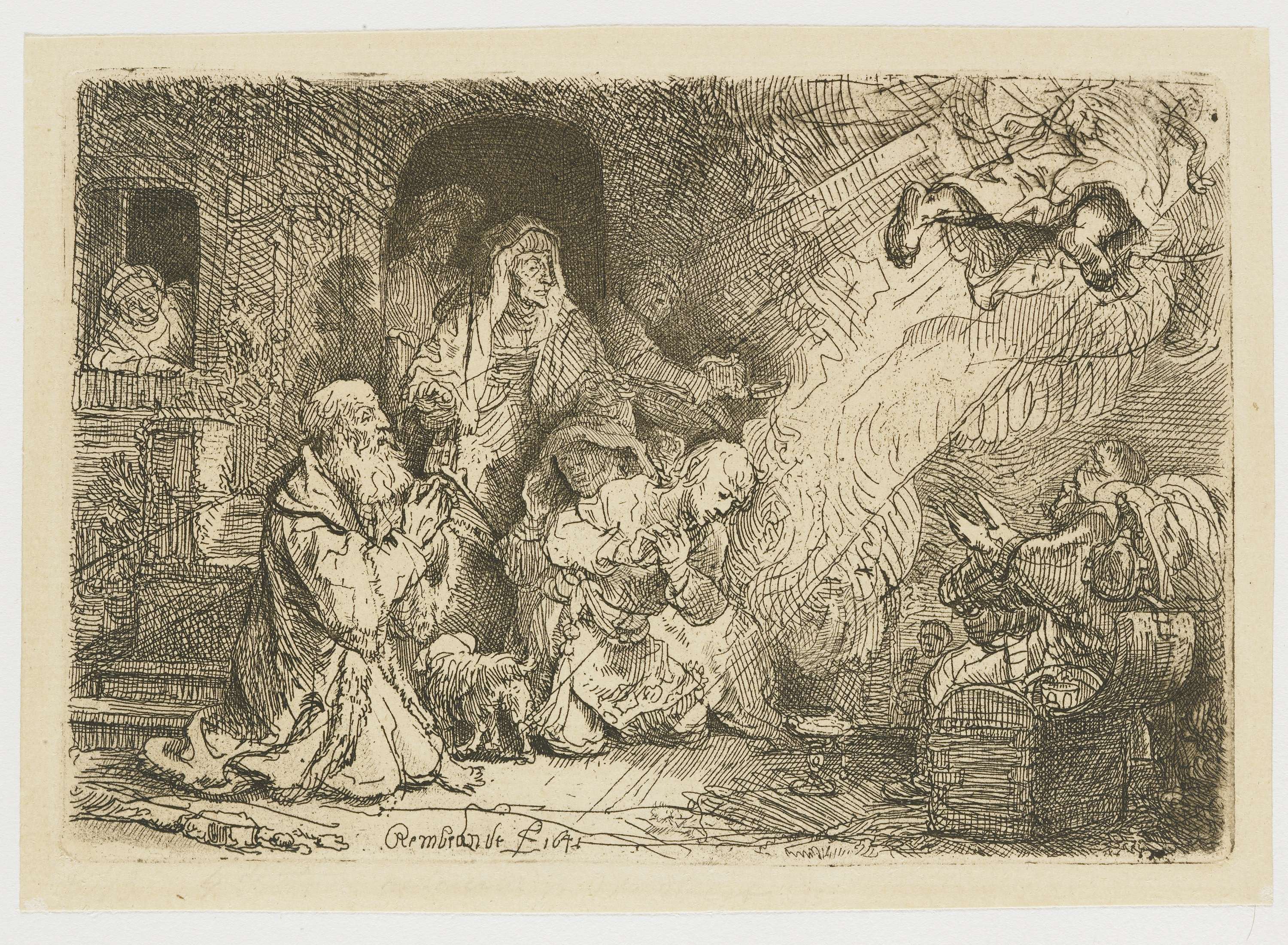 Etching by Rembrandt van Rijn showing an angel bidding farewell to Tobias and his family in soft light.