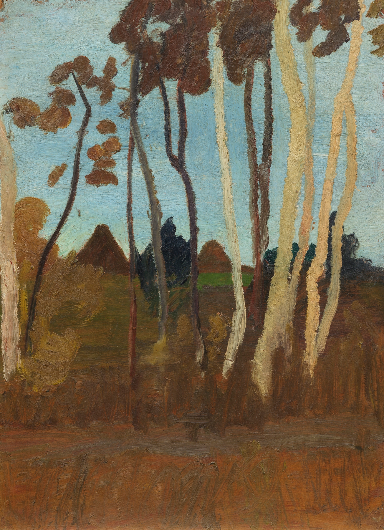Landschaft mit Birken, im Hintergrund zwei Hausgiebel, by Paula Modersohn-Becker, public domain