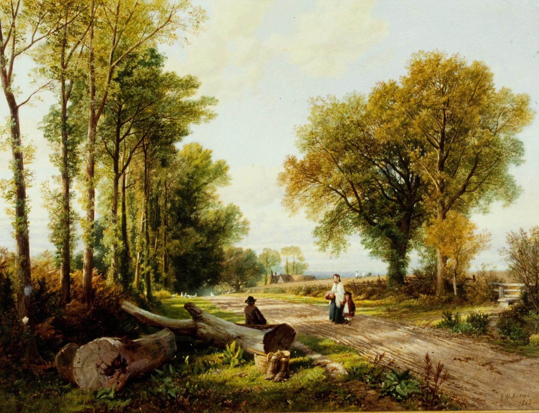 Genre scene depicting a couple walking in a landscape, oil painting by Frederick William Hulme