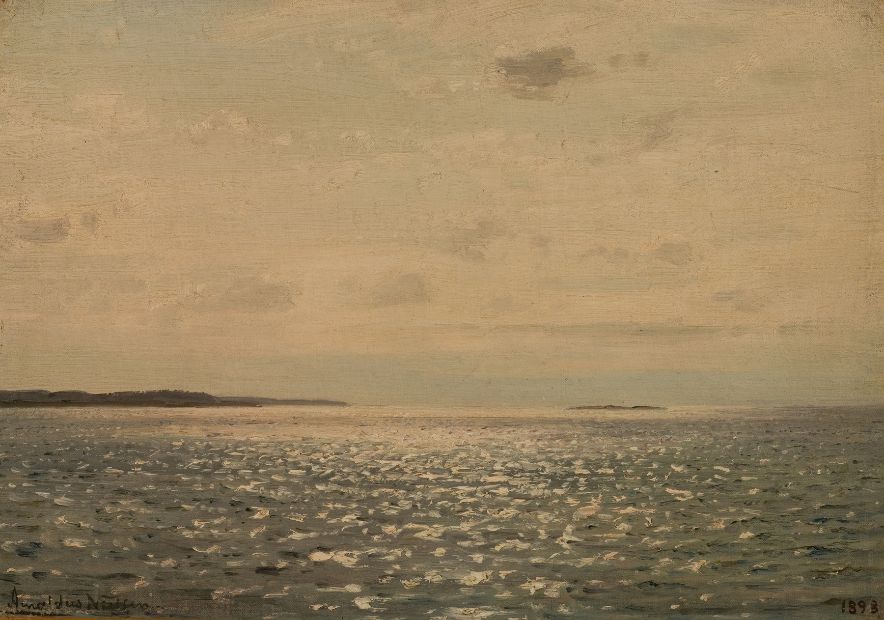 Solglitter by Amaldus Nielsen, oil on canvas depicting shimmering water and golden light