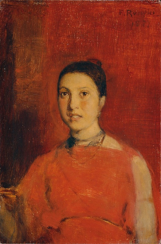 A portrait of a girl in a red dress by Franz Rumpler.
