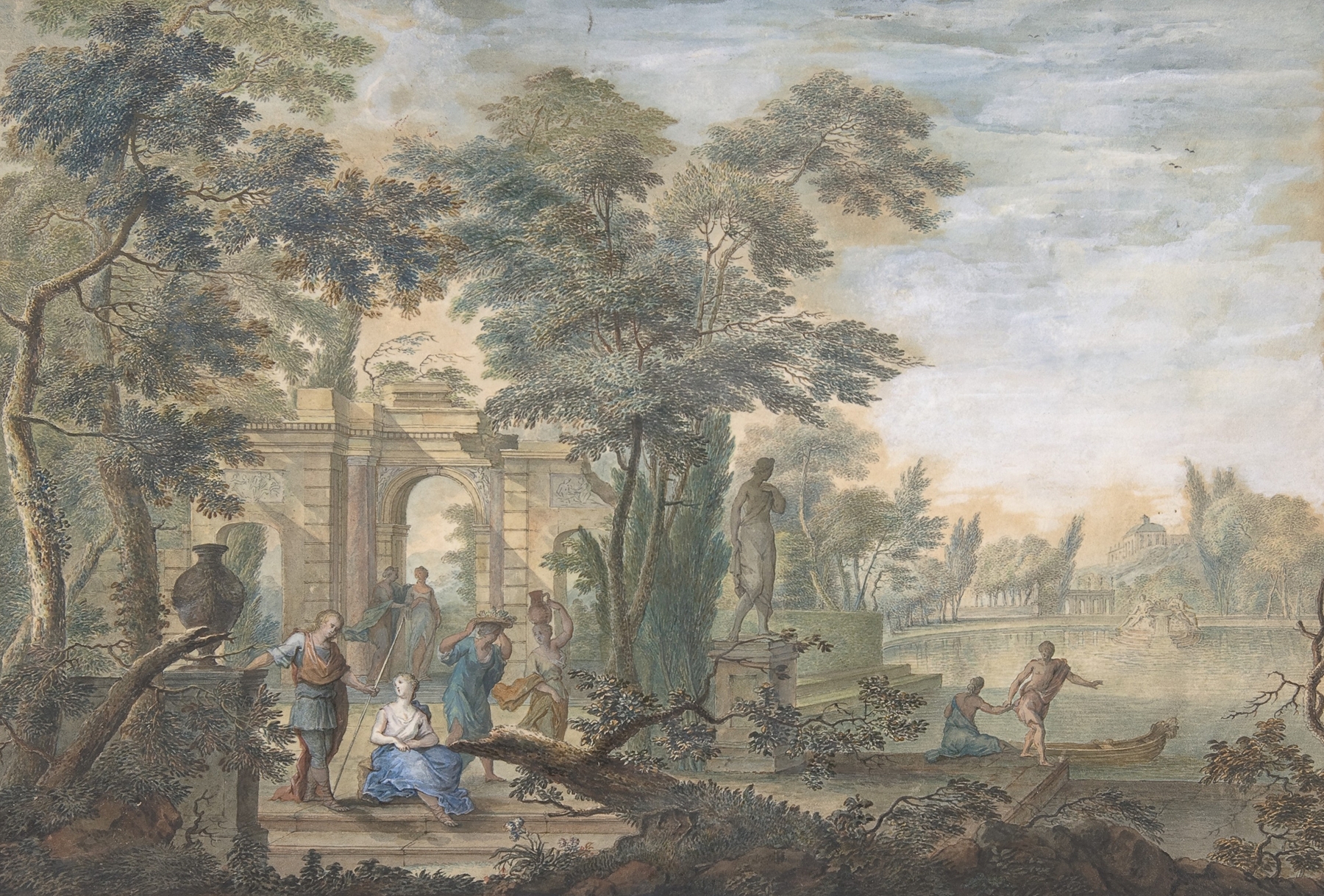 Rococo oil painting by Gerard Melder depicting a landscape with a statue of Diana and figures.