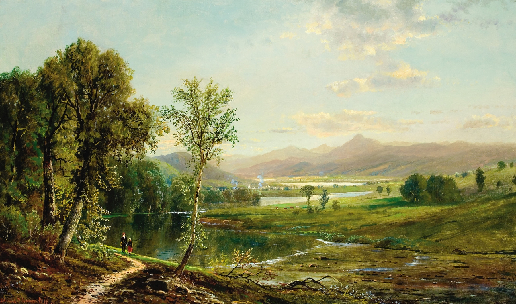 Figures Walking Along the River, oil on canvas by Edmund Darch Lewis