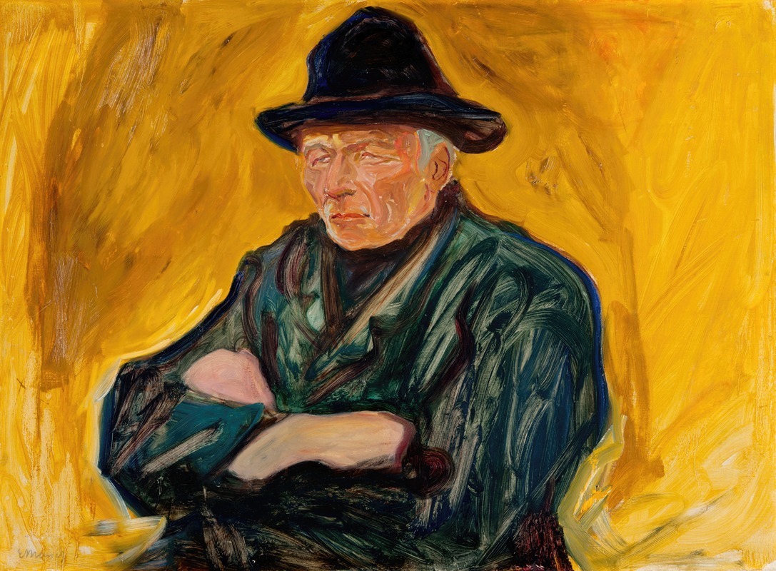 A portrait of an old man with deep lines and an intense gaze.