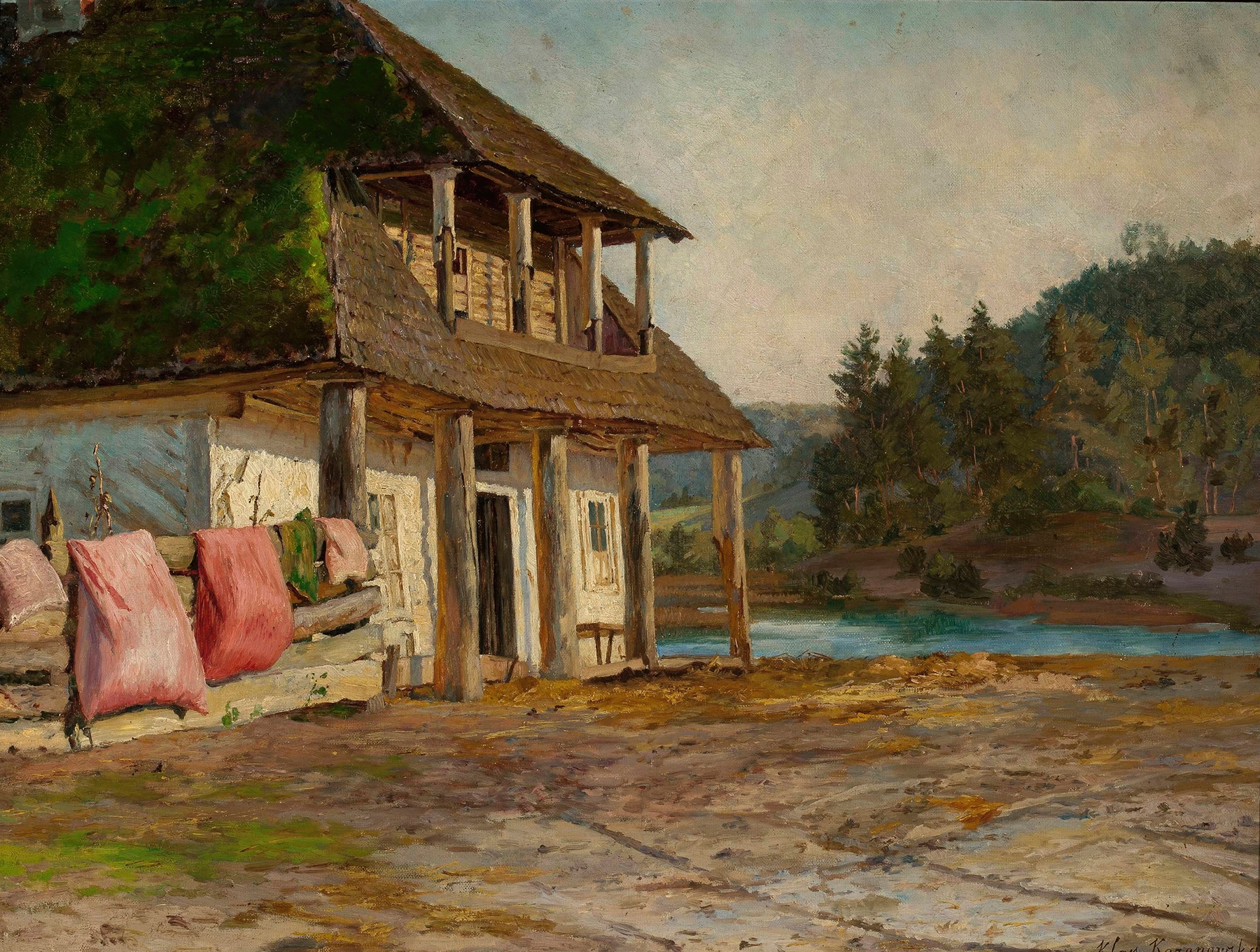 Wooden house by Maria Klass-Kazanowska, realism, depicting a sturdy structure amidst a serene landscape.