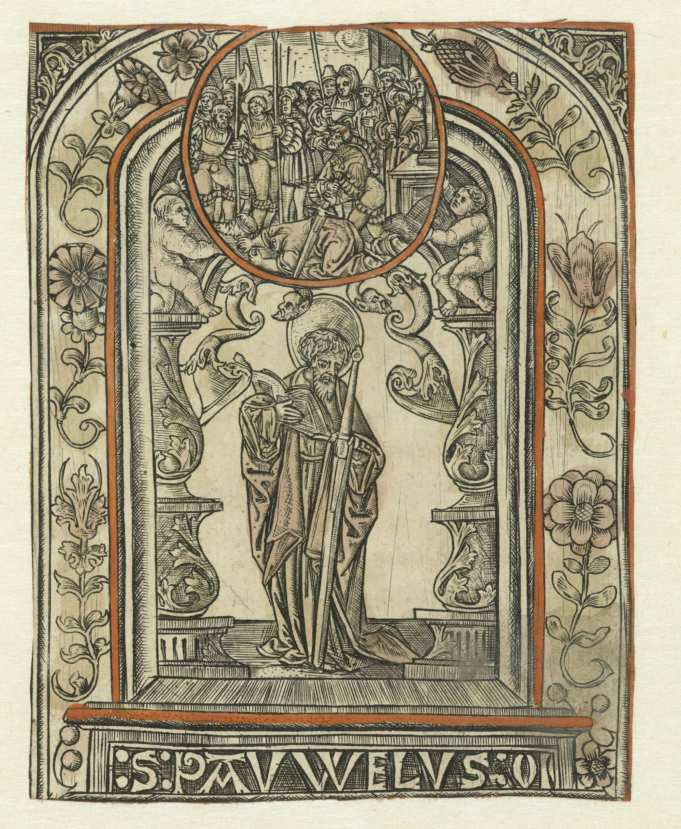Engraving by Allaert Claesz depicting Saint Paul in martyrdom, showcasing light and shadow.