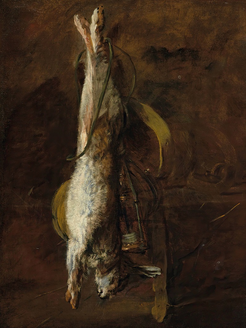 A still life painting featuring a dead rabbit and a satchel by Jean Siméon Chardin.
