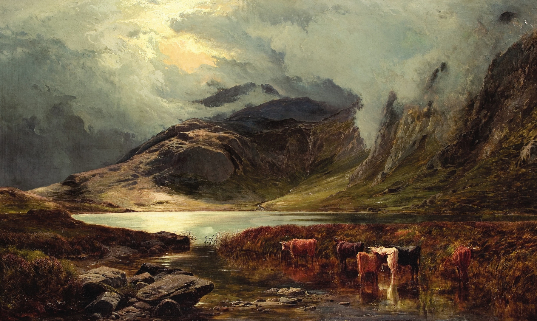 Stickledale Tarn Westmorland by Sidney Richard Percy, oil on canvas, serene lake reflecting clouds
