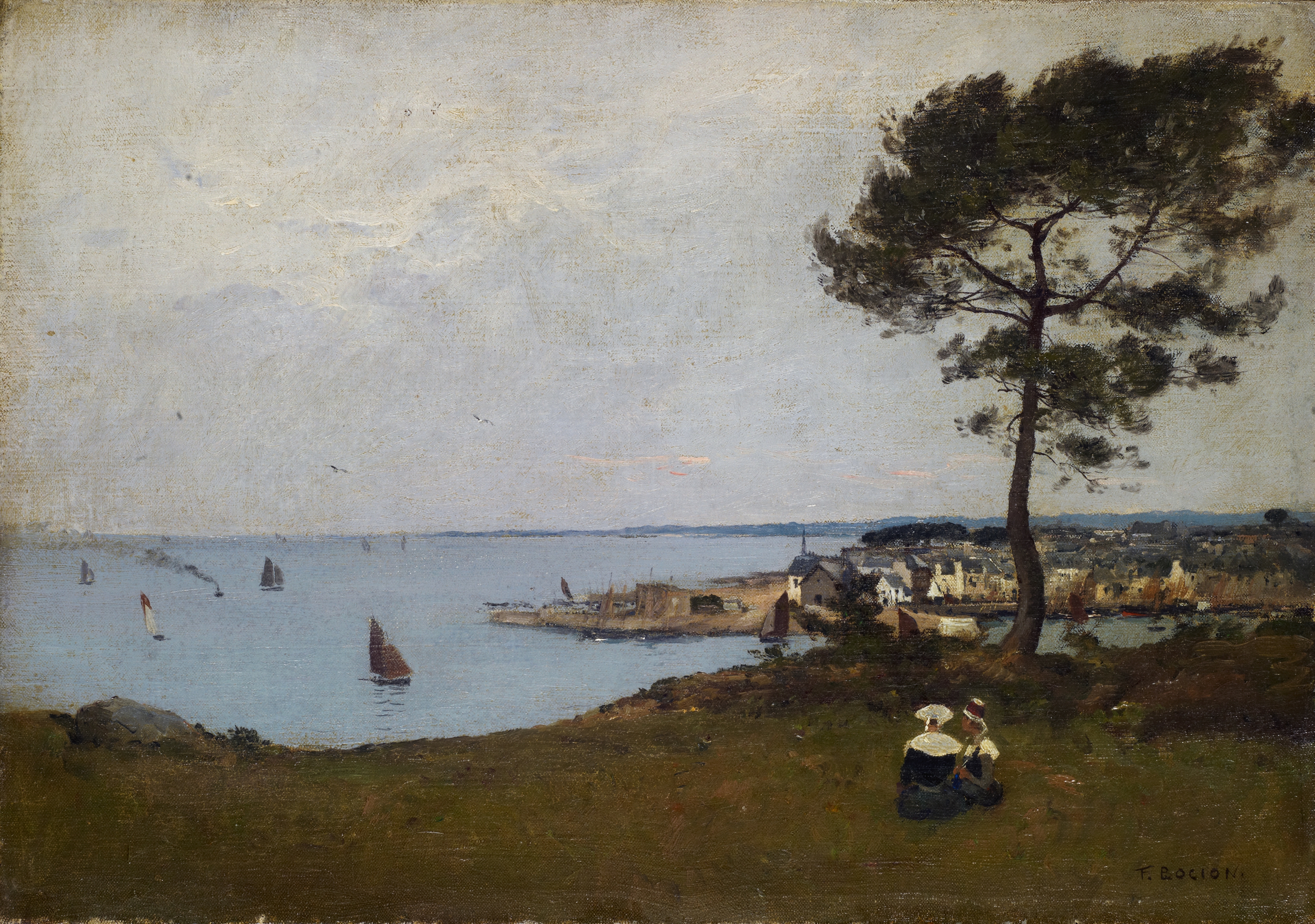 Marine scene with fishing boats in Small Breton Port by François Bocion, oil painting