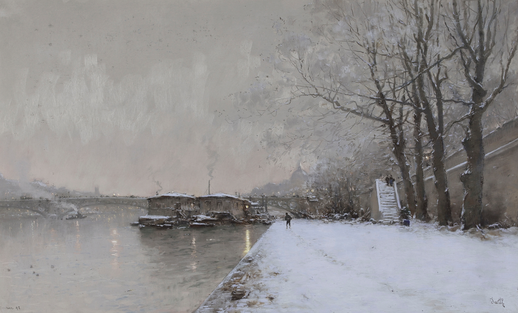 Winter landscape with falling snow, oil on canvas by Marie-Joseph-Leon Clavel