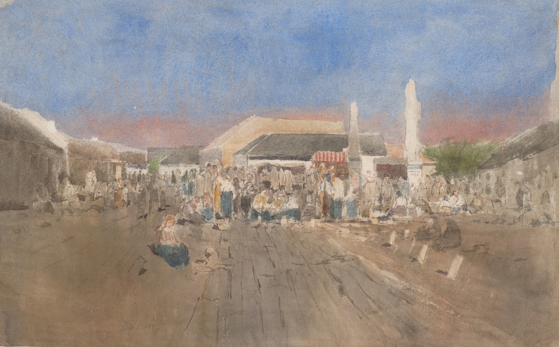 Market in Szolnok by Ladislav Mednyánszky, oil on canvas depicting a lively marketplace with vendors and shoppers.