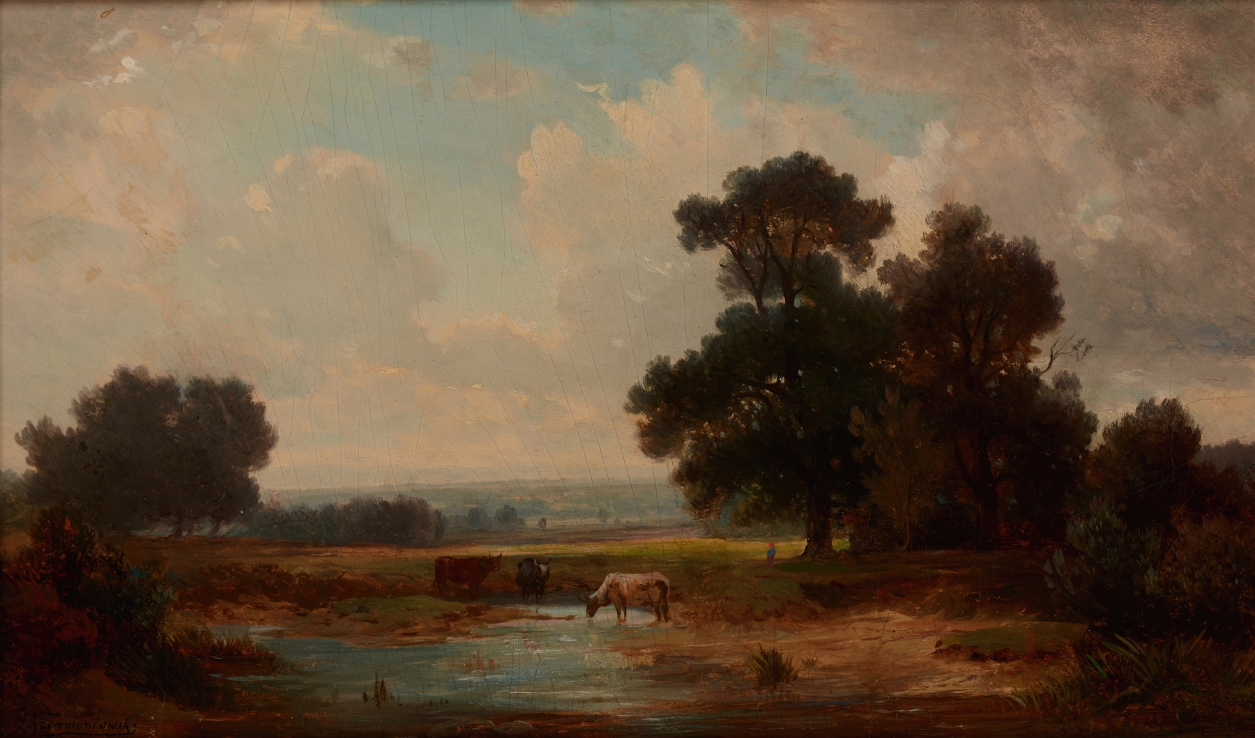 Landscape with Cows at a Watering-Place by Józef Szermentowski, oil painting