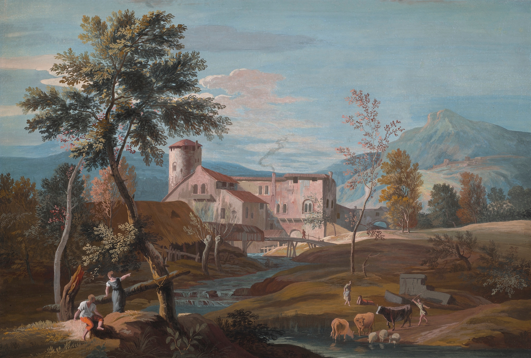 A man and a woman by a stream with a farmhouse in the background, by Marco Ricci, public domain