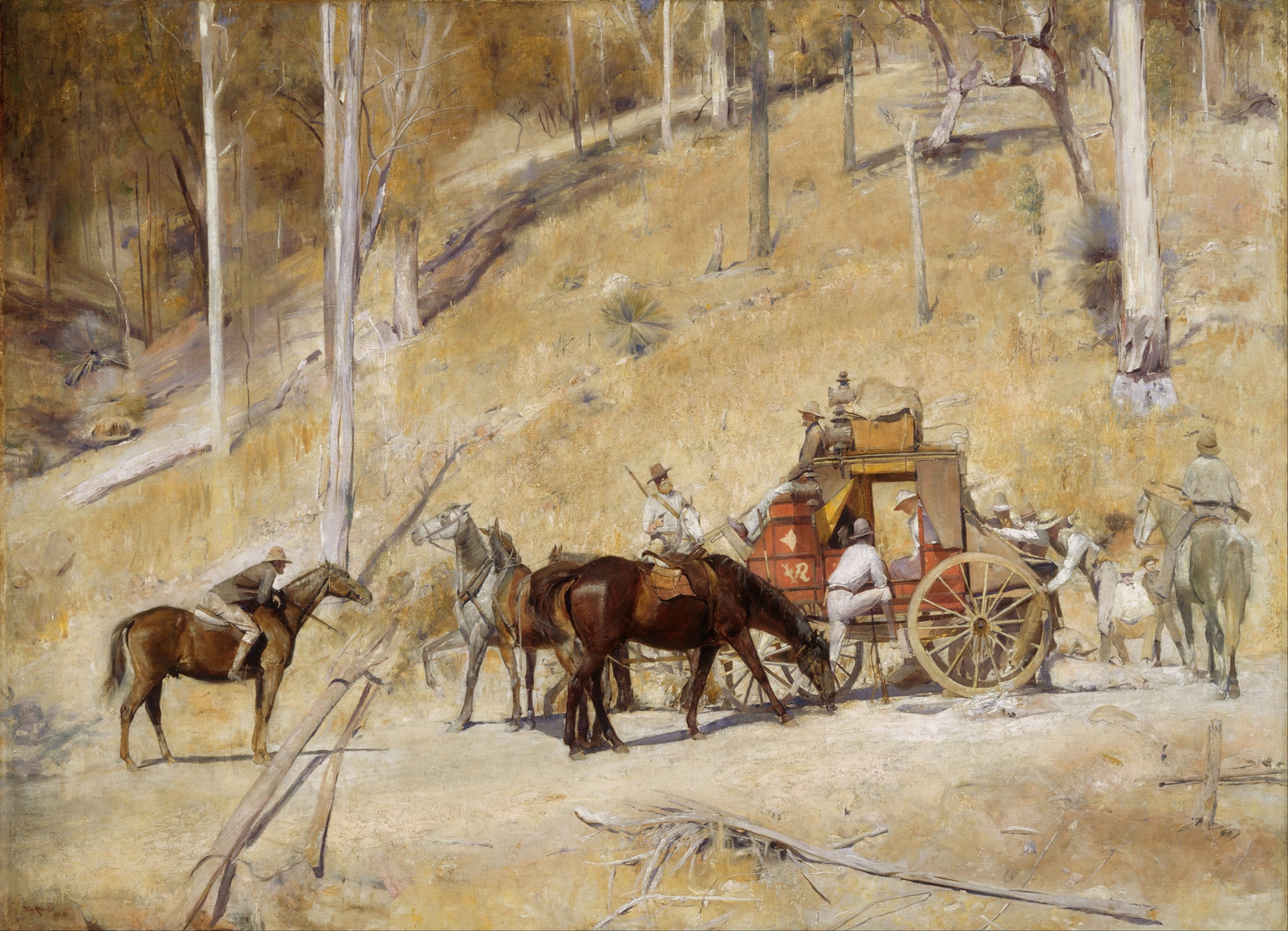 Figurative oil painting by Tom Roberts depicting a stockman with tension and light.