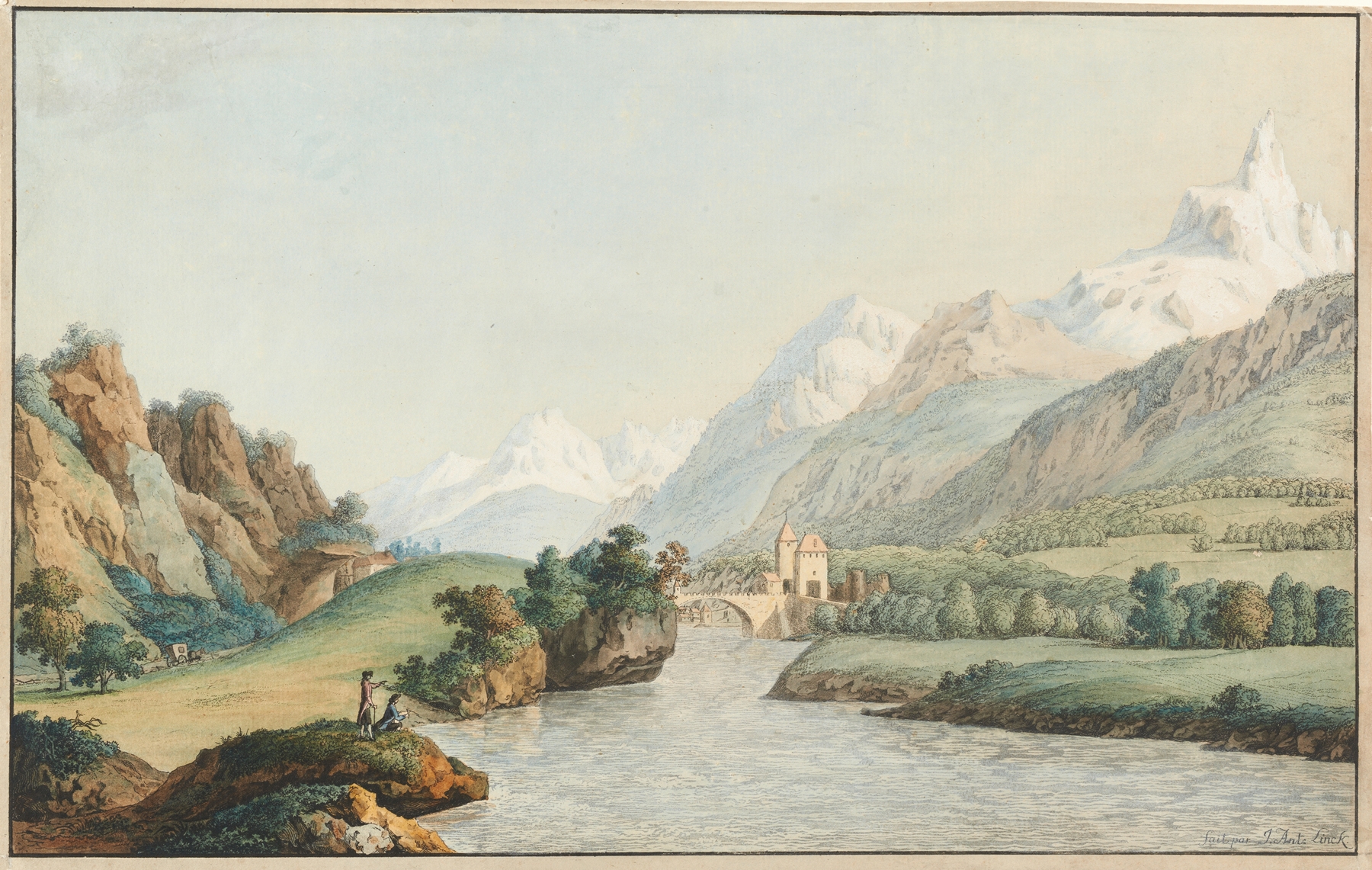 Vue de St. Maurice by Jean-Antoine Linck, romanticism landscape with a river and serene nature.