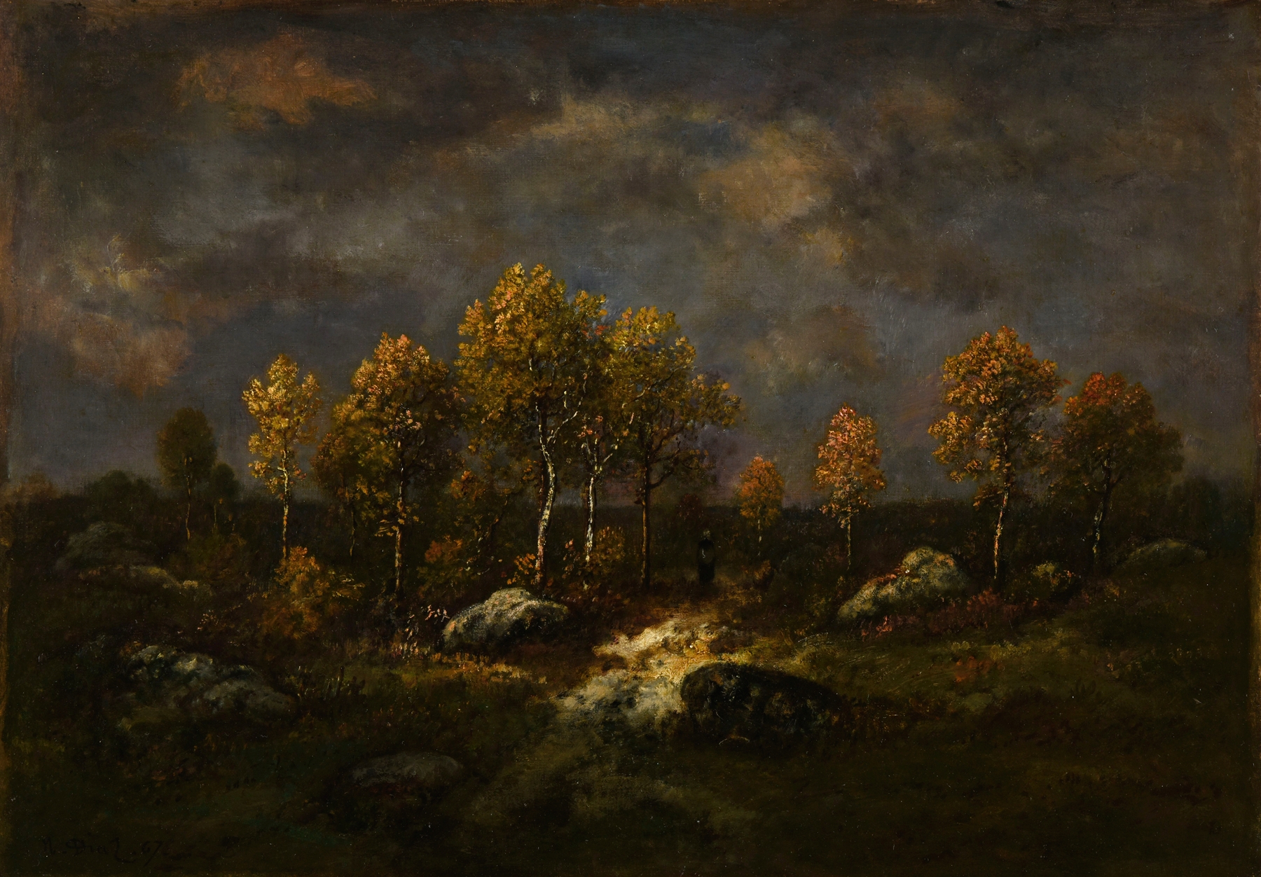 Ciel d’orage by Narcisse-Virgile Diaz de La Peña, oil painting depicting a stormy landscape.