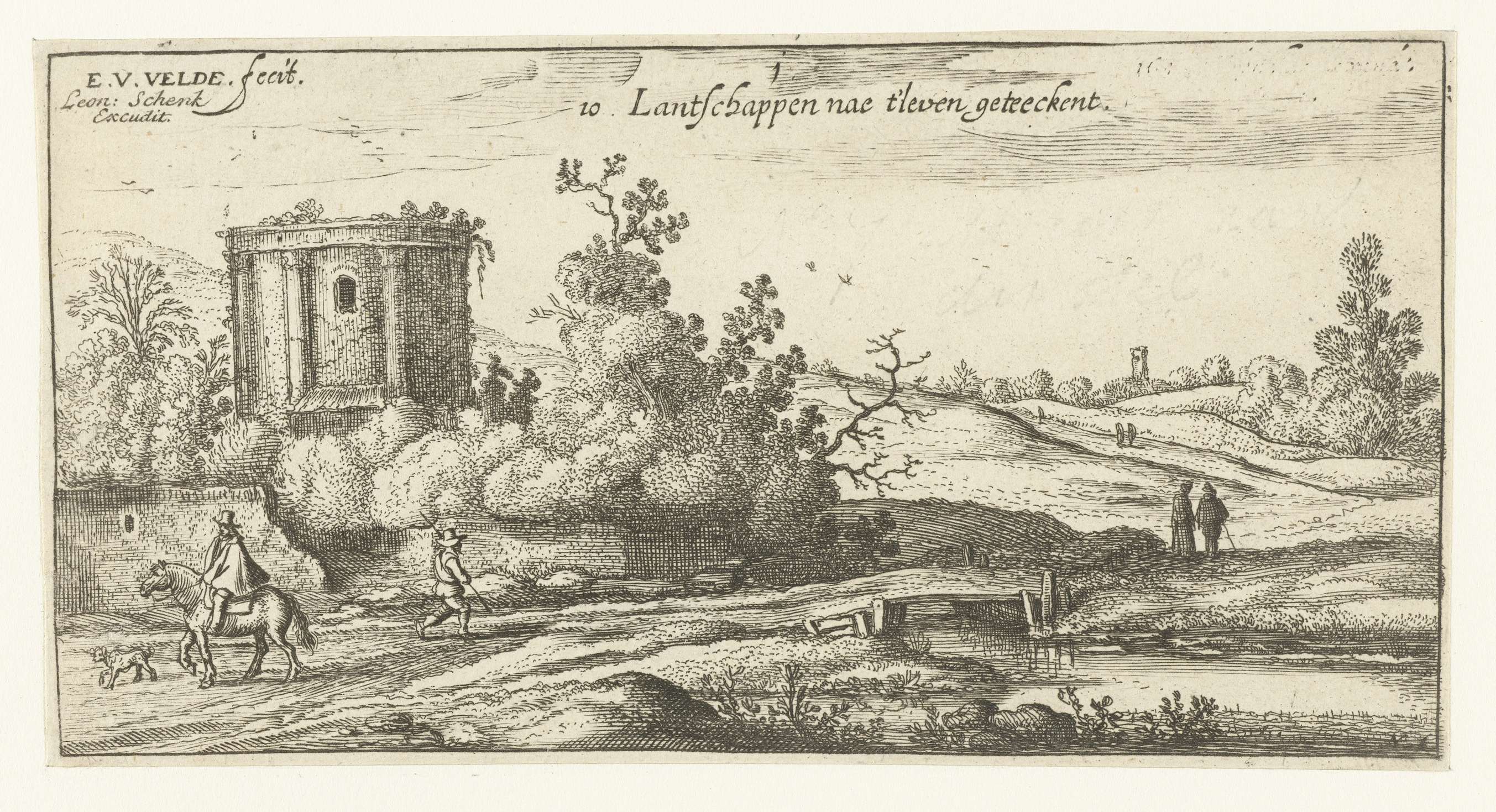 Landscape with ruins of a Roman temple, etching by Esaias van de Velde