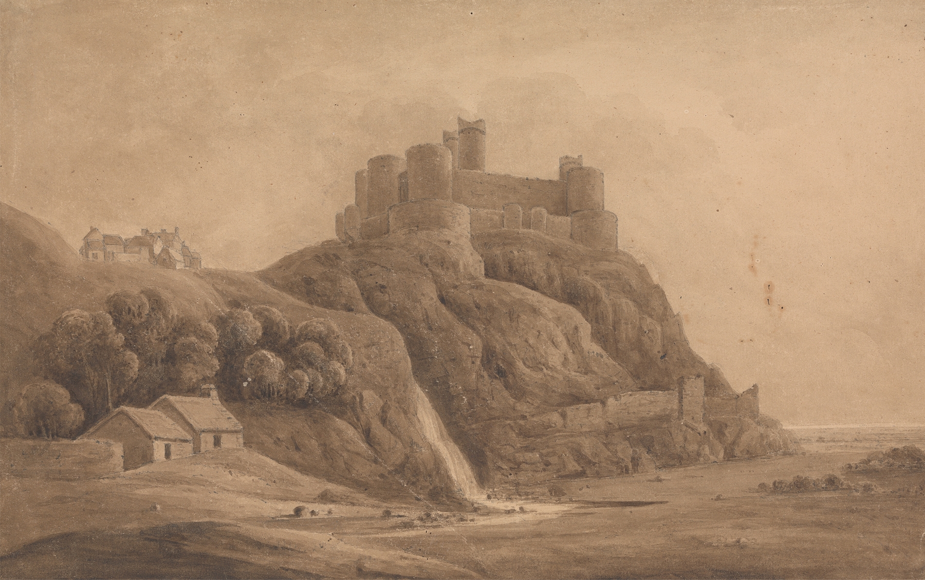 Harlech Castle oil painting by Isaac Weld, showcasing a stormy landscape with reflections.