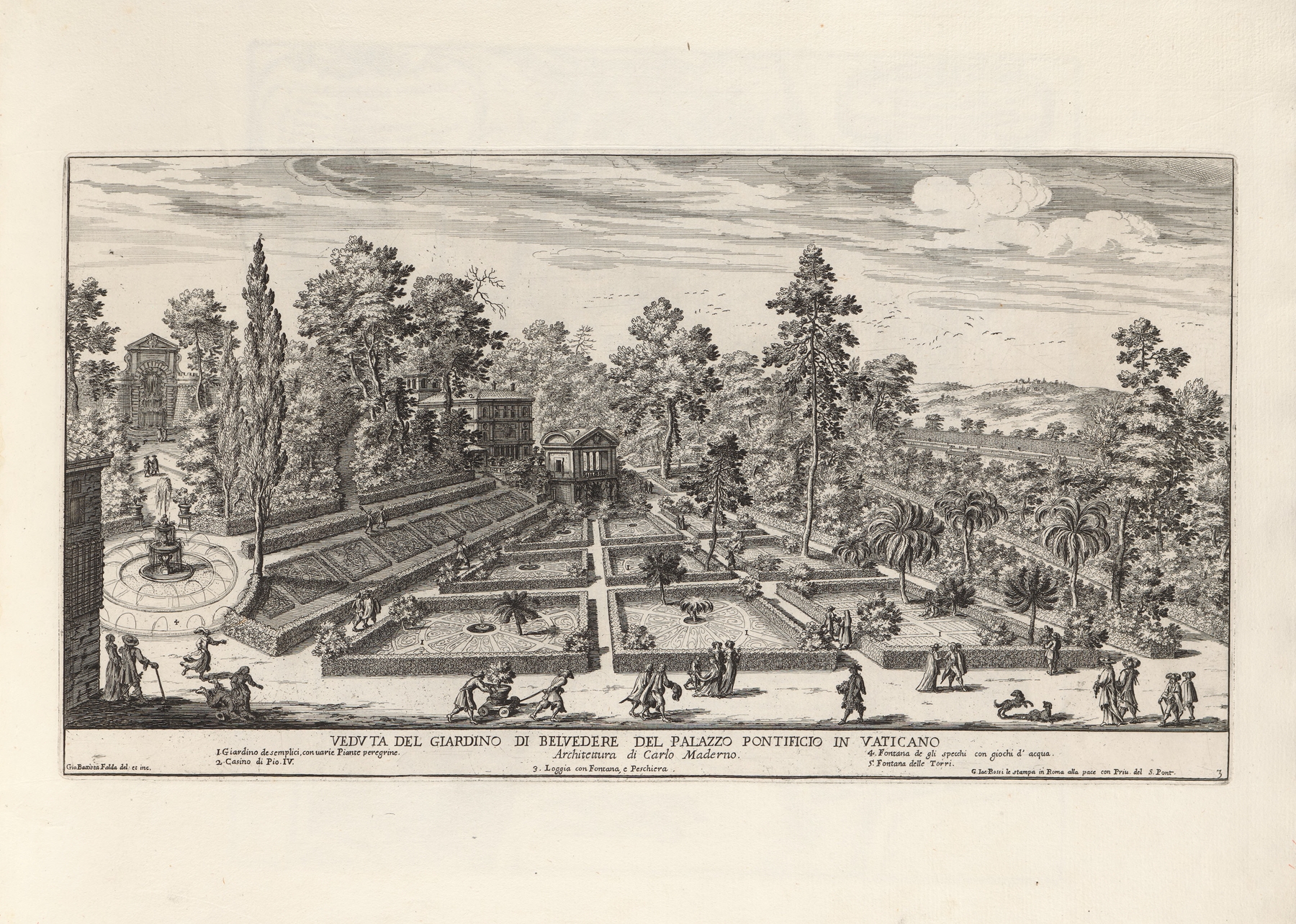 Li giardini di Roma: con le loro piante, alzate e vedvte in prospettiva Pl.02, by Giovanni Battista Falda, public domain