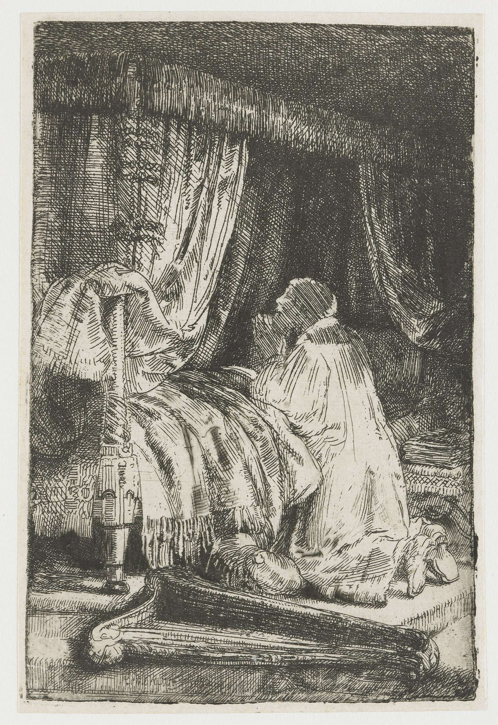 David in Prayer, etching by Rembrandt van Rijn, depicting a solitary figure in golden light.