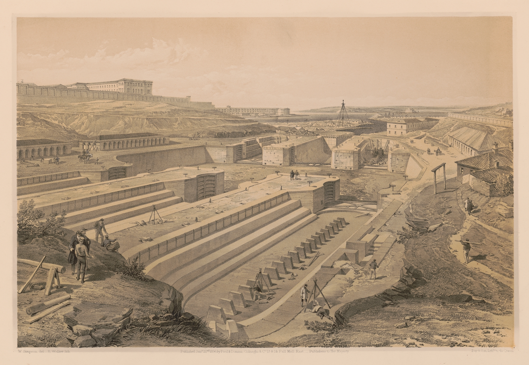 Docks at Sebastopol with ruins of Fort St. Paul, watercolor on paper by William Simpson